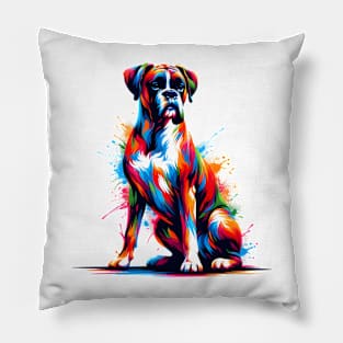 Vibrant Boxer Dog in Abstract Splash Art Style Pillow