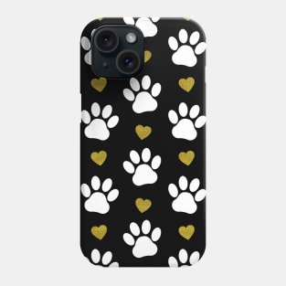 Pattern Of Paws, Dog Paws, White Paws, Gold Hearts Phone Case