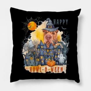 Shar pei  Happy Howl-o-ween Ghost Houses Funny Watercolor Pillow