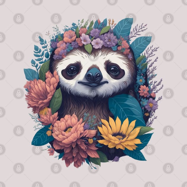 Cute Sloth face peeking out of flowers and foliage with flowers and foliage t-shirts and apparel, stickers, mugs, cases, pillow, water bottle by LyndaMacDesigns