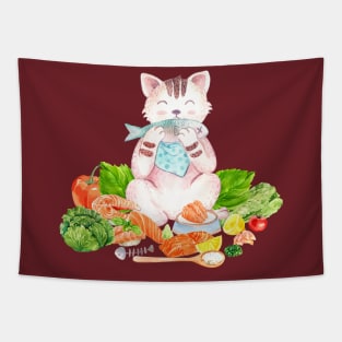 cat eating fish hand drawn Tapestry