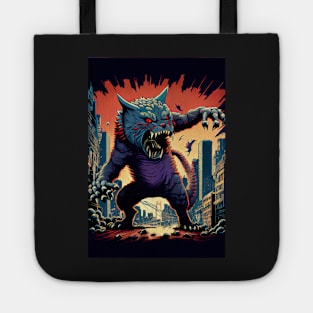 Giant Angry blue Cat attacking a city Tote