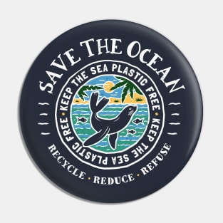 Save The Ocean Sea lion - Keep The Sea Plastic Free - Beach Scene. Pin