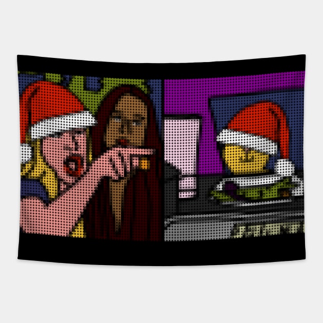 Woman Yelling at Cat in Dotty Santa Hat Tapestry by ellenhenryart