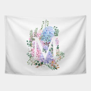 botanical monogram alphabet M hydrangea flowers Tapestry