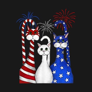 Red White Blue Cats USA Flag Firework 4th Of July T-Shirt