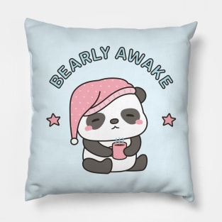 Cute Bearly Awake Sleepy Panda With Coffee and Nightcap Pillow