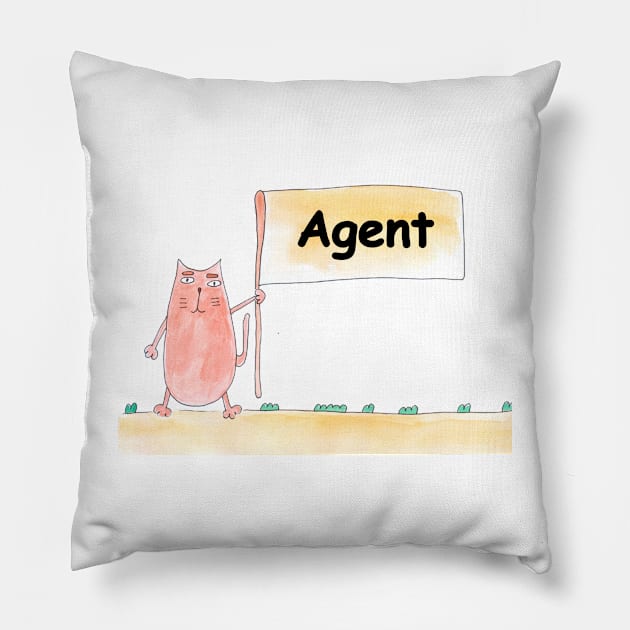 Agent. Profession, work, job. Cat shows a banner with the inscription. Watercolor illustration. A gift for a professional. Pillow by grafinya