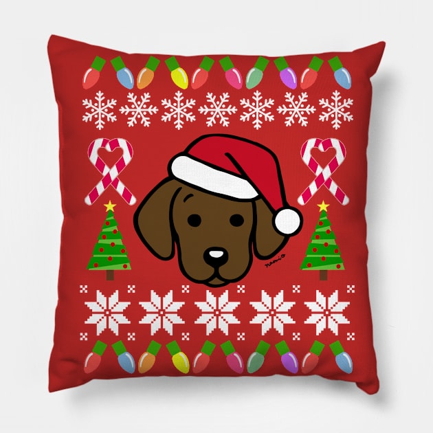 Chocolate Labrador Puppy Santa Festive Pattern Pillow by HappyLabradors