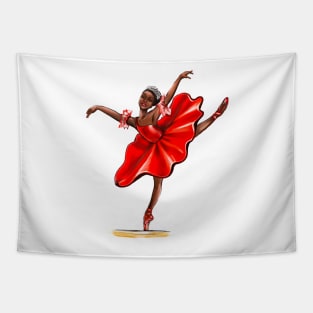 Ballet in red pointe shoes 2, dress and crown - ballerina doing pirouette in red tutu and red shoes  - brown skin ballerina dancing Tapestry