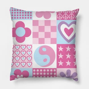 Retro Blocks with Flowers, Hearts and Stars Pillow