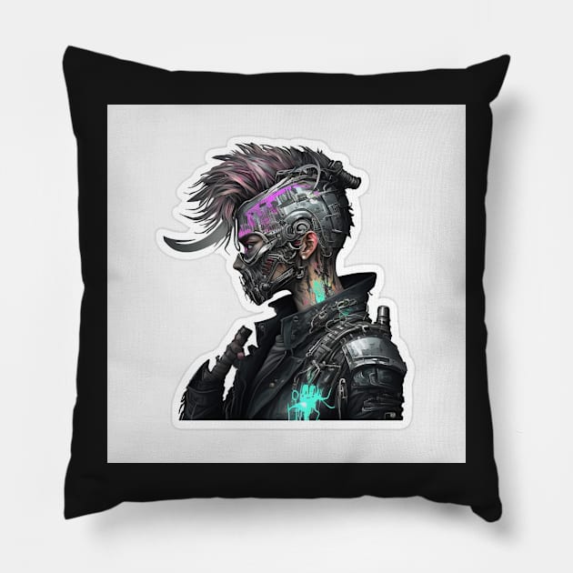 Cyberpunk Female Metal Face Sticker Pillow by AICreateWorlds