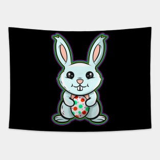 A Kawaii Easter Bunny holding a painted Easter Egg Tapestry