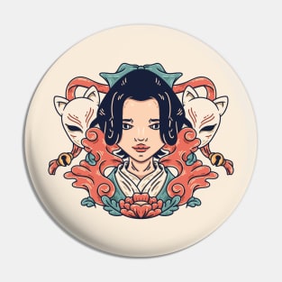 Sketch of Japanese Girl with Kitsune Masks Pin