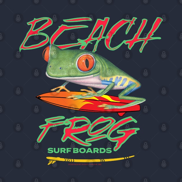 Funny and Cute hip hopper red eyed tree frog surfing tee by Danny Gordon Art