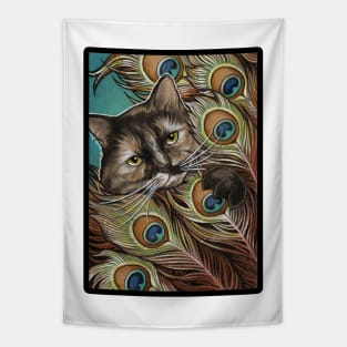 Tortie Cat and Peacock Feathers - Black Outlined Version Tapestry