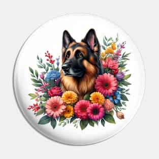 A German shepherd with beautiful colorful flowers Pin