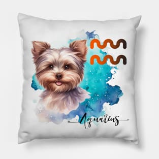 Aquarius  Zodiac Sign Cute Yorkie Watercolor Art Pillow