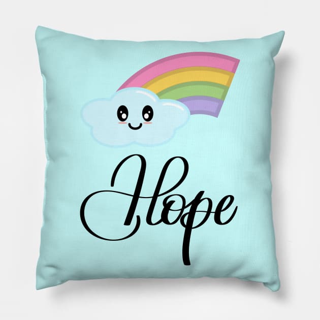 Hope with Kawaii Cute Rainbow Cloud in Blue Pillow by Kelly Gigi