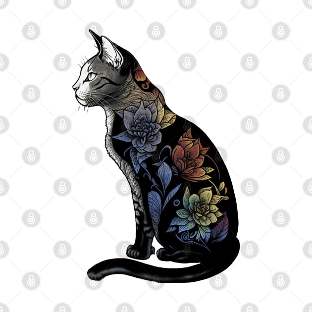 Vibrant Lotus Cat - Black and White Feline with Colorful Flower Design by laverdeden
