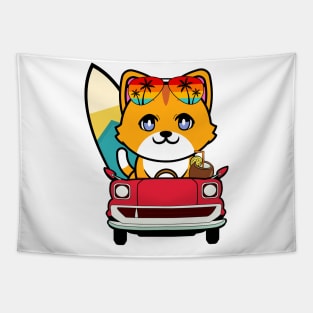 Cute orange cat driving to the beach Tapestry