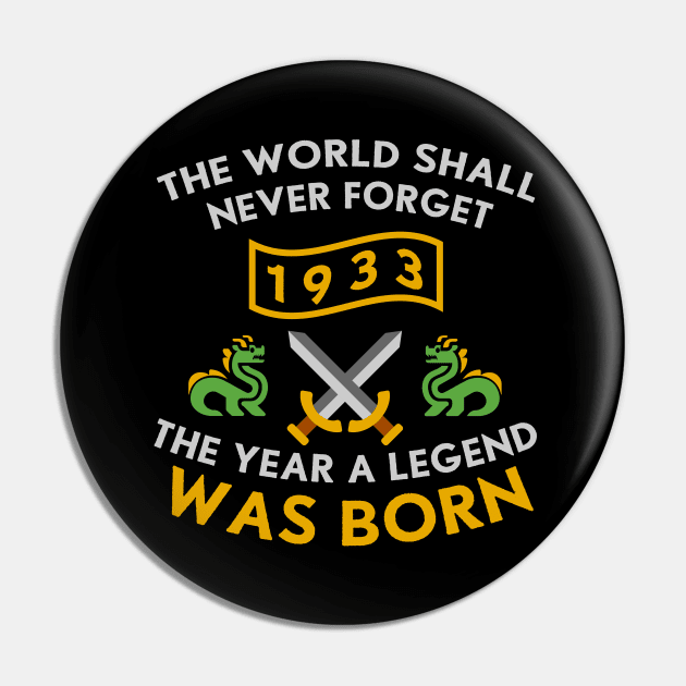 1933 The Year A Legend Was Born Dragons and Swords Design (Light) Pin by Graograman