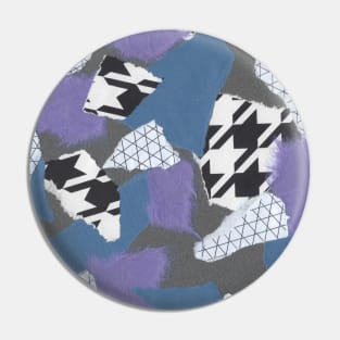 Houndstooth and Hard Edges - Black, White, Purple, Blue - Abstract Mixed Torn Paper Collage Pin