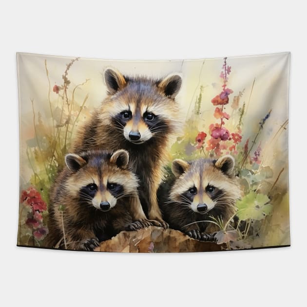 Three Cute Raccoons Tapestry by tfortwo