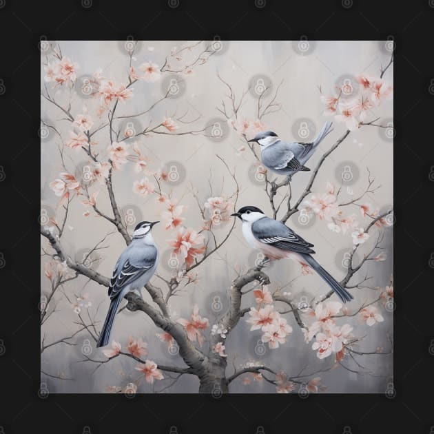 Grey and pink chinoiserie painting with birds and flowers by Riverside-Moon