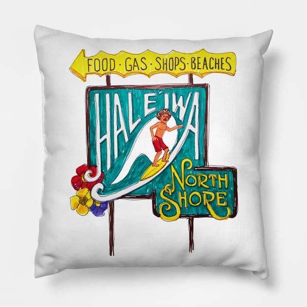 Haleiwa North Shore Sign Man Drawing Pillow by HaleiwaNorthShoreSign