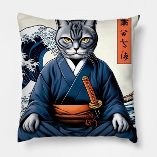 Vaporwave Samurai Cat Great Wave Off Kanagawa Pillow