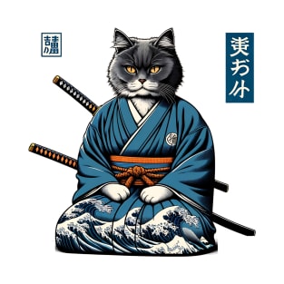 Vaporwave Samurai Cat Great Wave Off Kanagawa T-Shirt