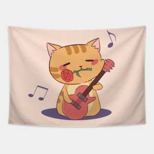 Cute Chibi Cat Playing Guitar I Tapestry