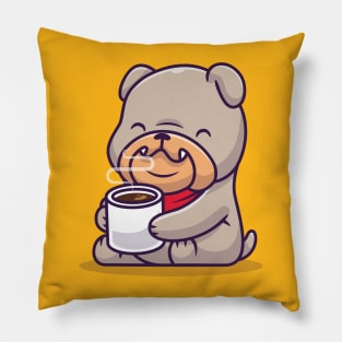 Cute Bulldog Drinking Hot Coffee Cartoon Pillow