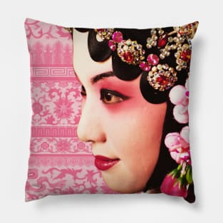 Chinese Opera Star with Blush Pink Traditional Floral Pattern- Hong Kong Retro Pillow