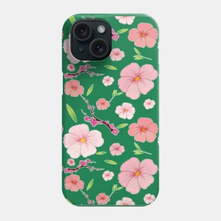 Pink Hibiscus and Sakura Green Background Phone Case