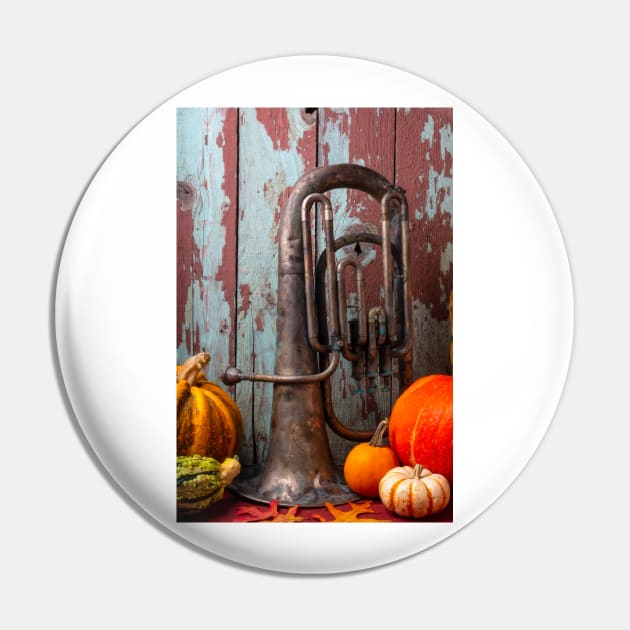 Old Tuba And Pumpkins Pin by photogarry