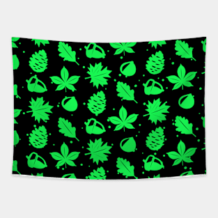 Green Graphic Nature Pattern on Black Background Tapestry