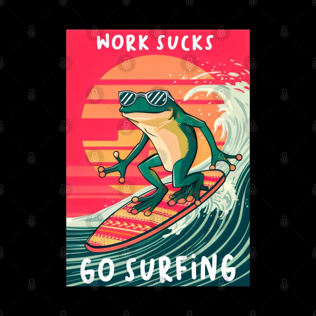 frog playing surf board ,wave rider, with text work sucks , go surfing by KENG 51