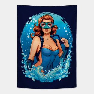 Vintage Graphic Design Female Scuba Diver Tapestry