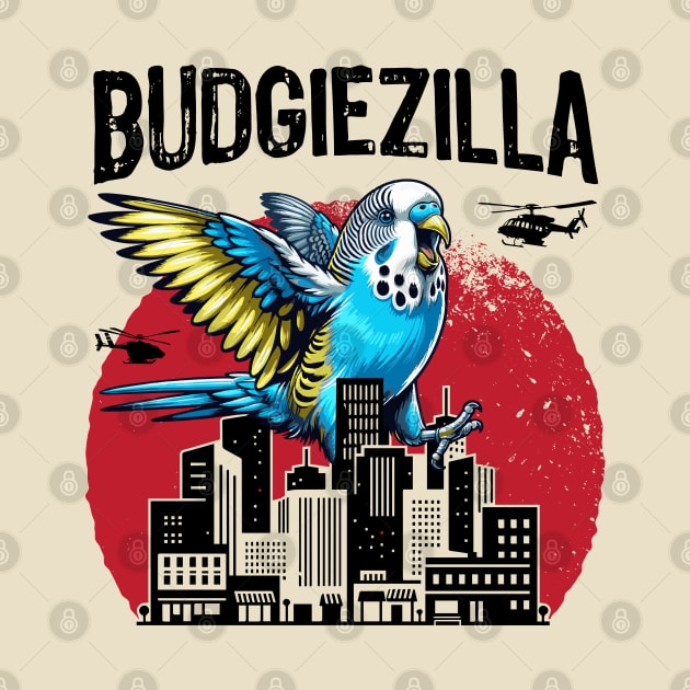 Budgiezilla Funny Giant Parakeet Budgie Budgerigar Bird Lover In City by BraaiNinja