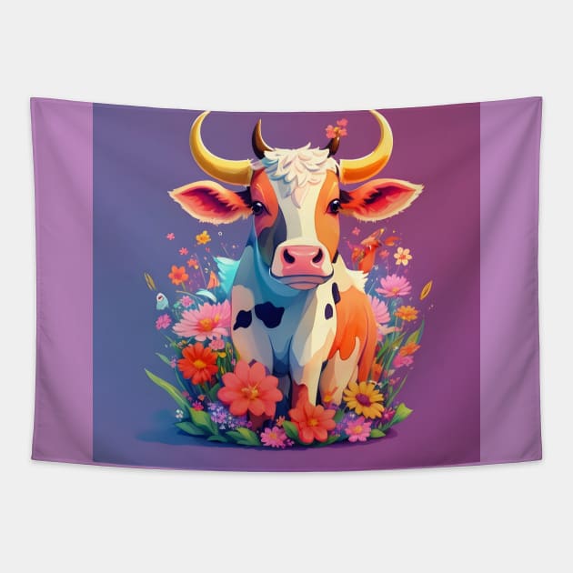 Cute cow with flowers Tapestry by MiracleROLart