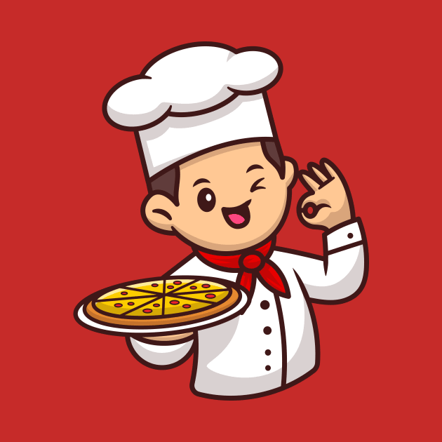 Cute Chef With Pizza Cartoon Vector Icon Illustration by Catalyst Labs