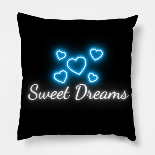 Sweet Dreams with Hearts - White and Blue Neon Pillow by Artfully Yours