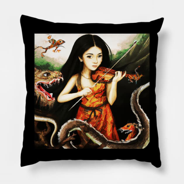 The Little Girl Playing for Monsters Pillow by MythicalWorld