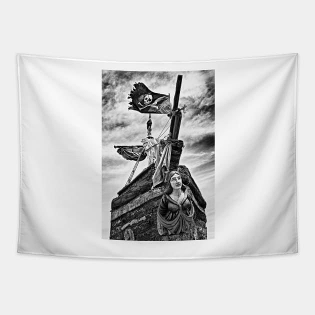 Pirate ship and black flag Tapestry by photogarry