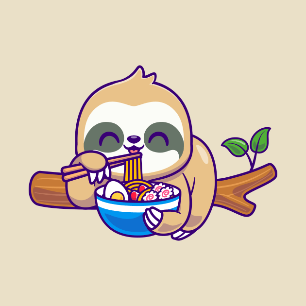 Cute Sloth Eating Ramen On Branch Tree Cartoon by Catalyst Labs