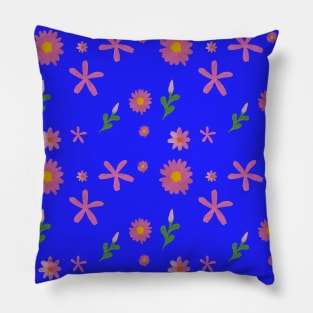 Different Kinds and Shades of Pink Flowers in Blue Pillow