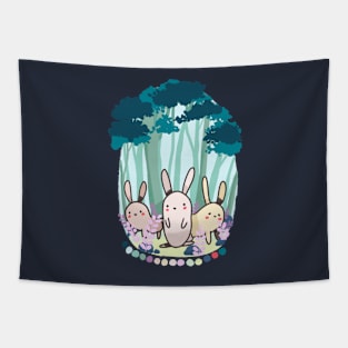 Three cute bunnies in the forest Tapestry