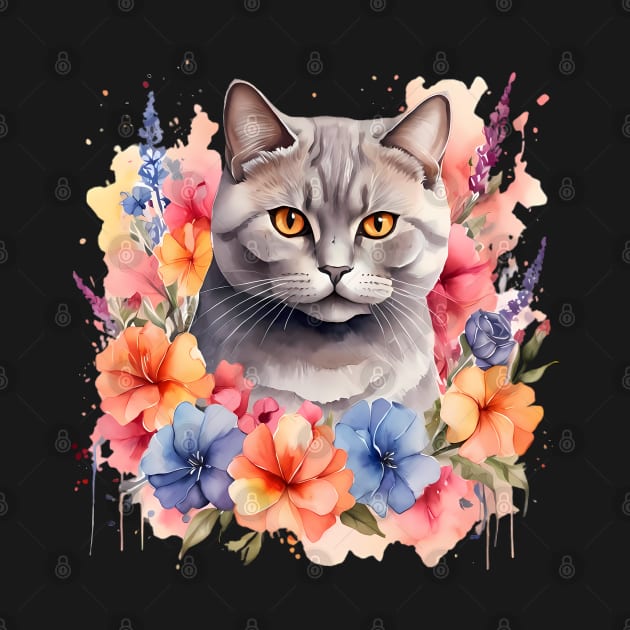 A british shorthair cat decorated with beautiful watercolor flowers by CreativeSparkzz